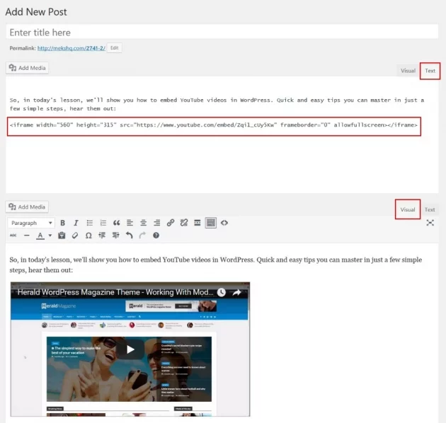 iframe embed youtube video in wordpress example