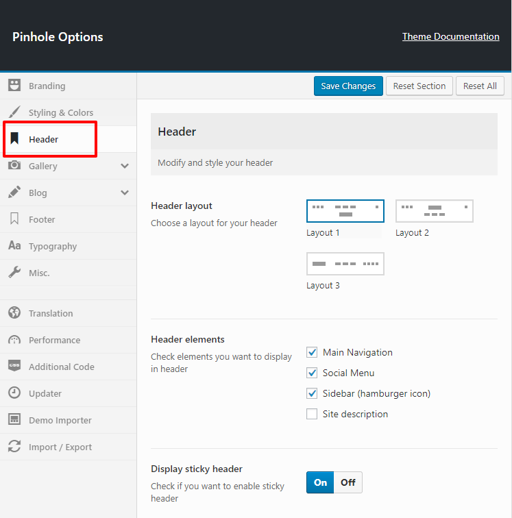 Header & navigation setup - Pinhole WordPress Theme Documentation - Meks