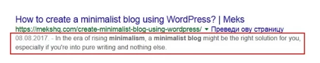 meta description in WordPress search engine example