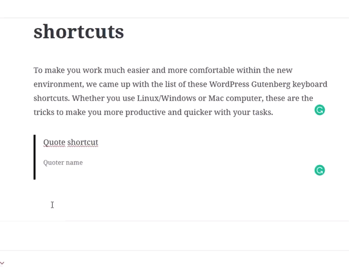 Gutenberg keyboard shortcuts for blocks
